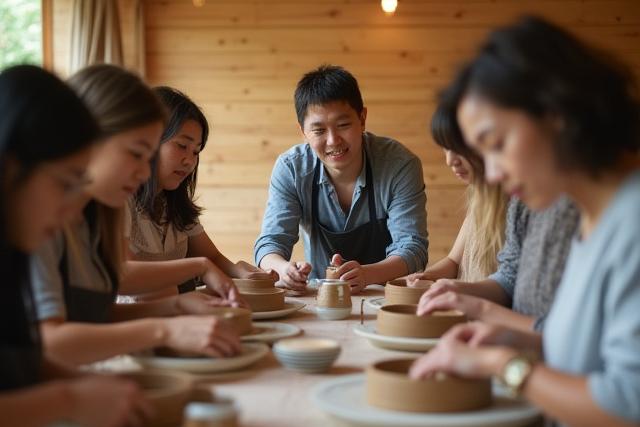 ワークショップで陶芸を教える三界窯の職人