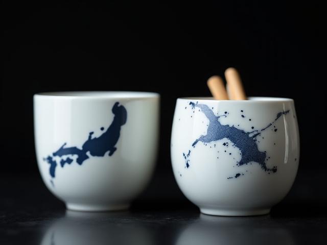 日本の酒どころの地図が描かれた磁器の酒器セット