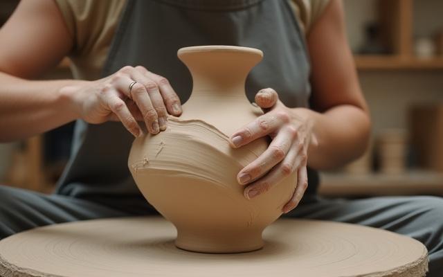 工房で制作中のユニークな形状のセラミック花瓶