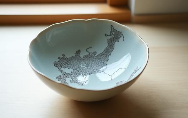 日本の地域の地形図が描かれた陶器のボウル