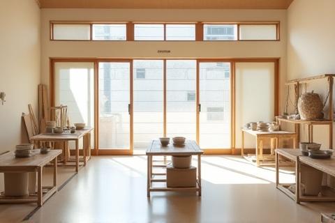 Sankai Kilns陶芸スタジオの落ち着いた雰囲気、自然光が差し込む