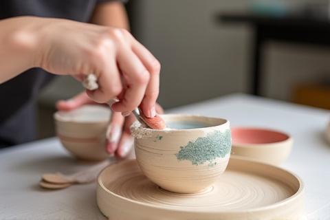 生徒が作品に釉薬を施している様子