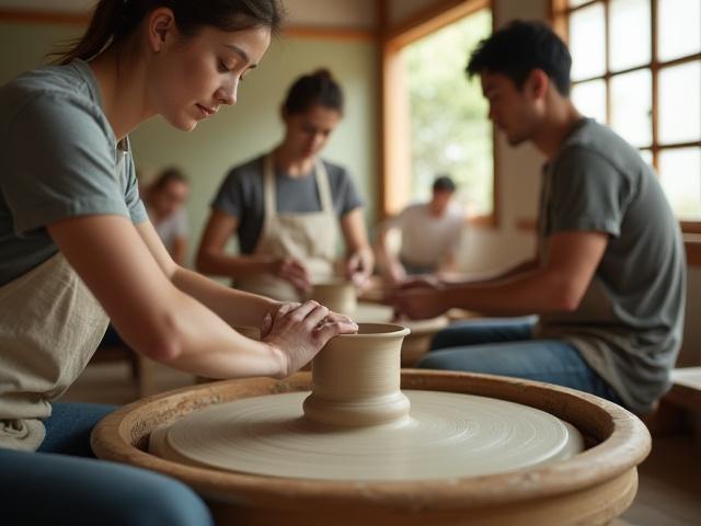 ろくろで陶器を作成する参加者たち